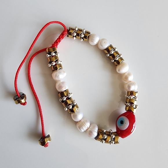 Evil Eye Beaded Bracelet with Pearls and Red Cord - Picture 3 of 4